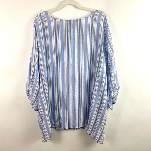 Catherines Boxy Tunic Top Blue Striped V-Neck Roll Tab Sleeves Flowy & Beachy 4X - Picture 10 of 13
